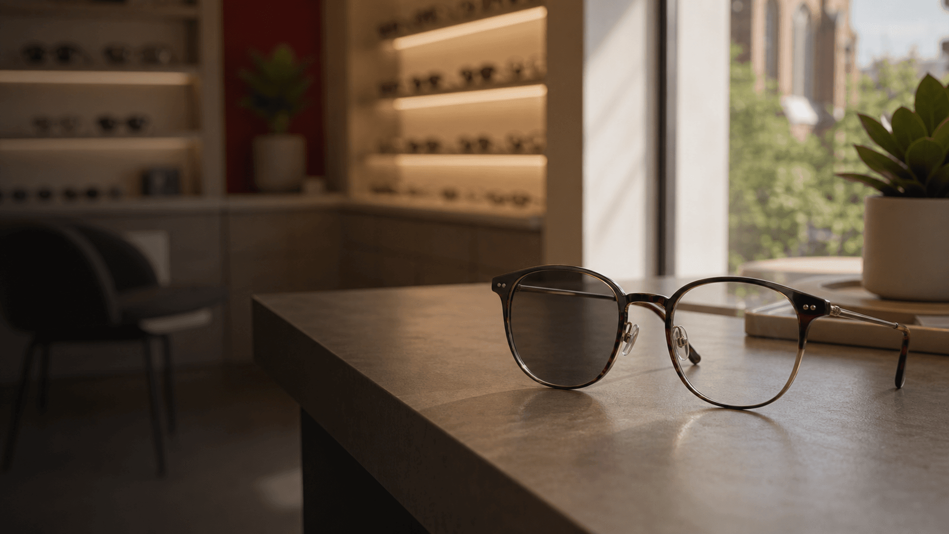 Person wearing photochromic glasses outdoors
